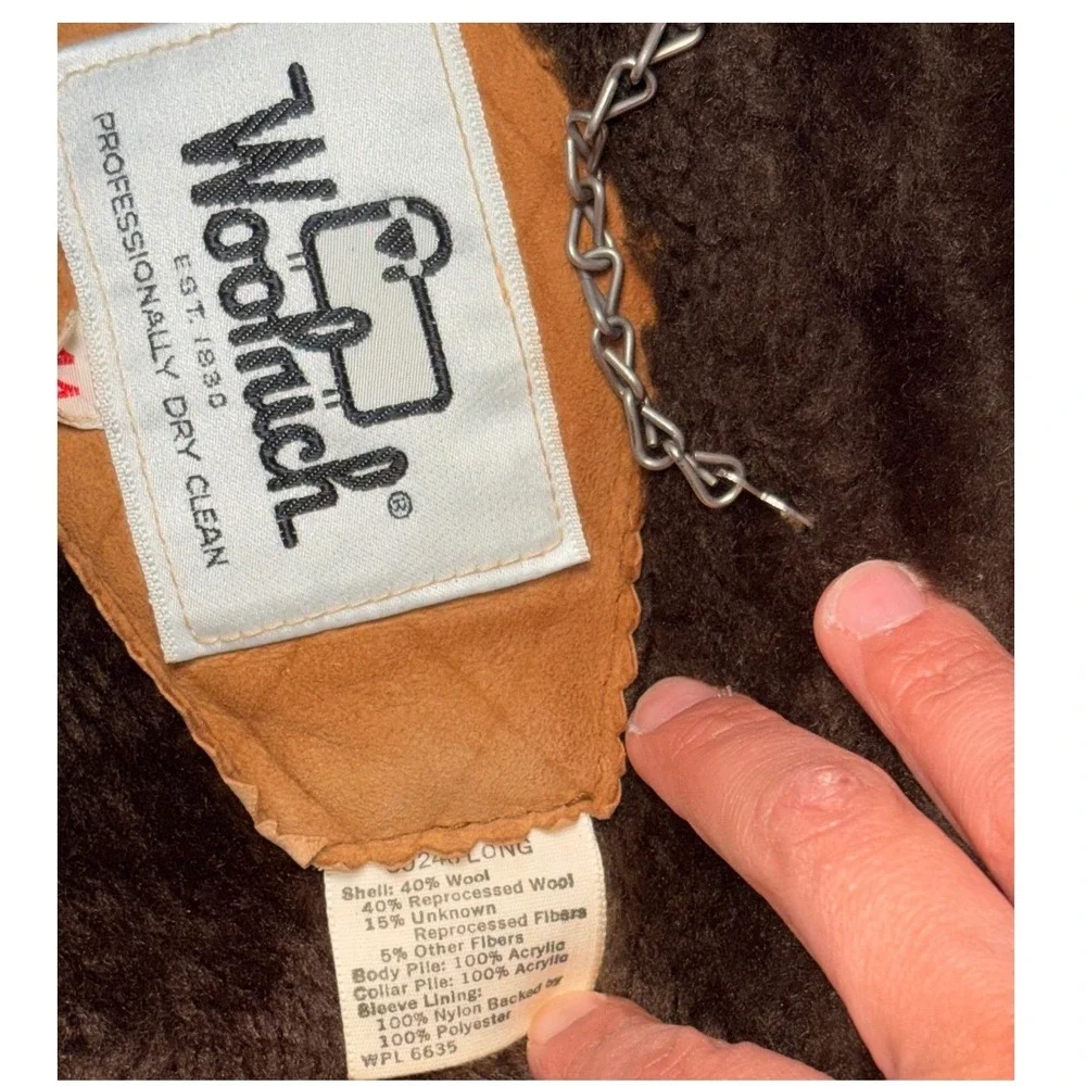 Woolrich Wool Men's 1980's Blend Long Coat Size 44 Camel Brown Faux Fur Overcoat